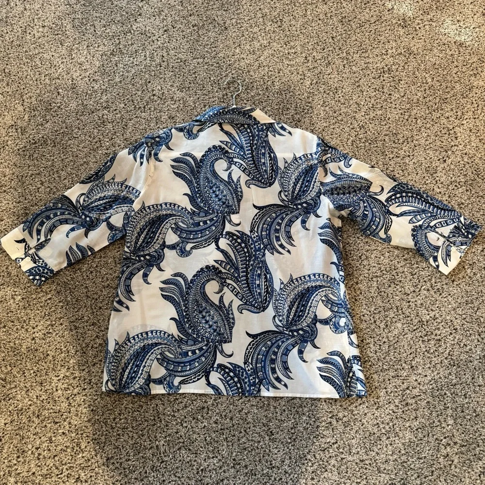 Chico's Blue and White Boxy Button Down Shirt in medium blue paisley - Picture 6 of 14